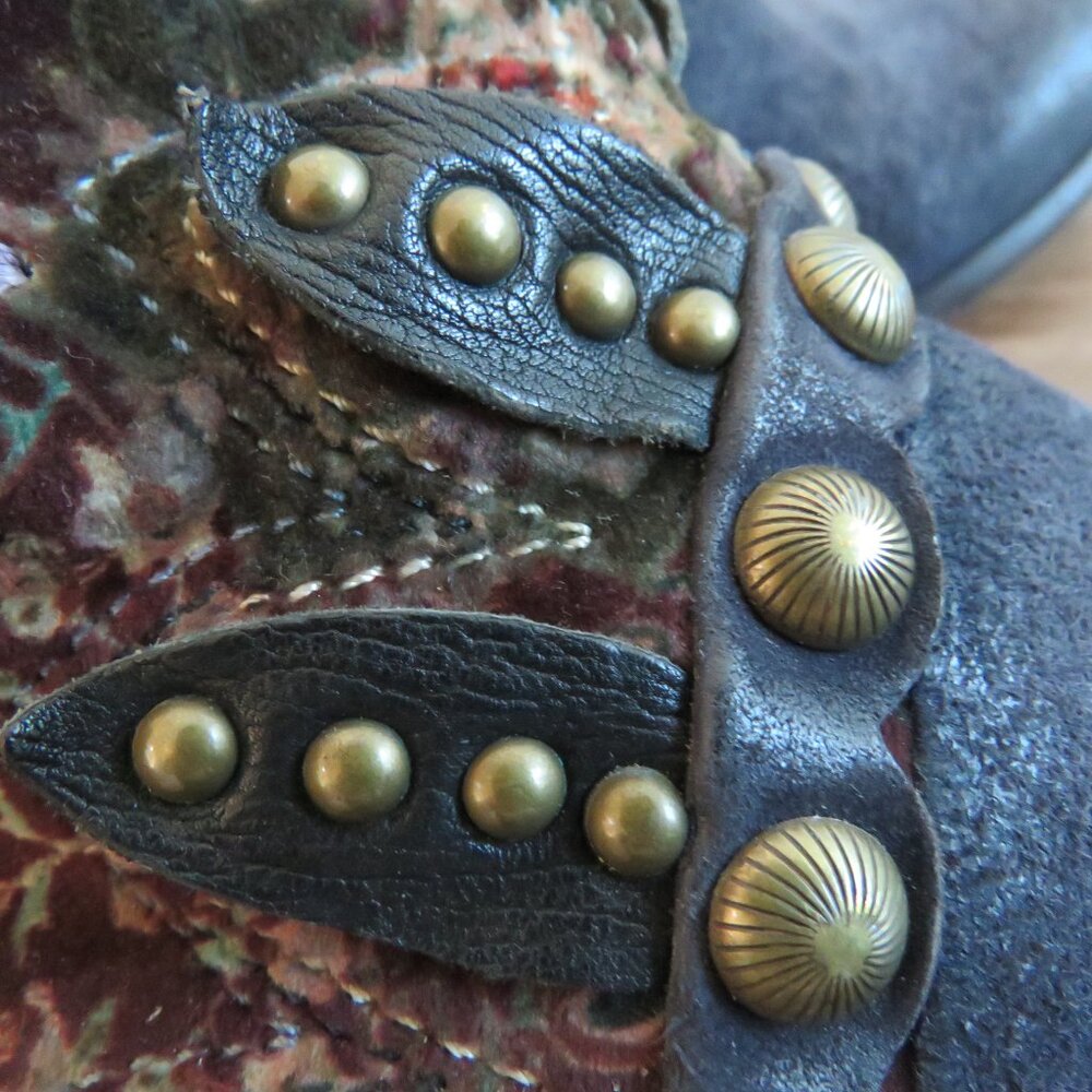 A.S. 98 Blue Floral Velvet Studded Bohemian Leather Ankle Booties Boots Grunge - Picture 8 of 15